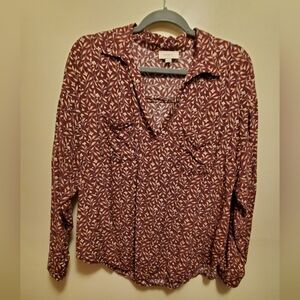 LOFT Burgundy Leaf Pattern Blouse
